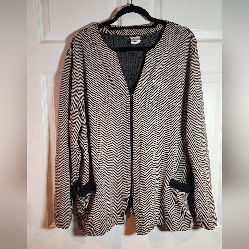 Fashion Bug Beige And Black Herringbone Pattern Zip Up Jacket XXL